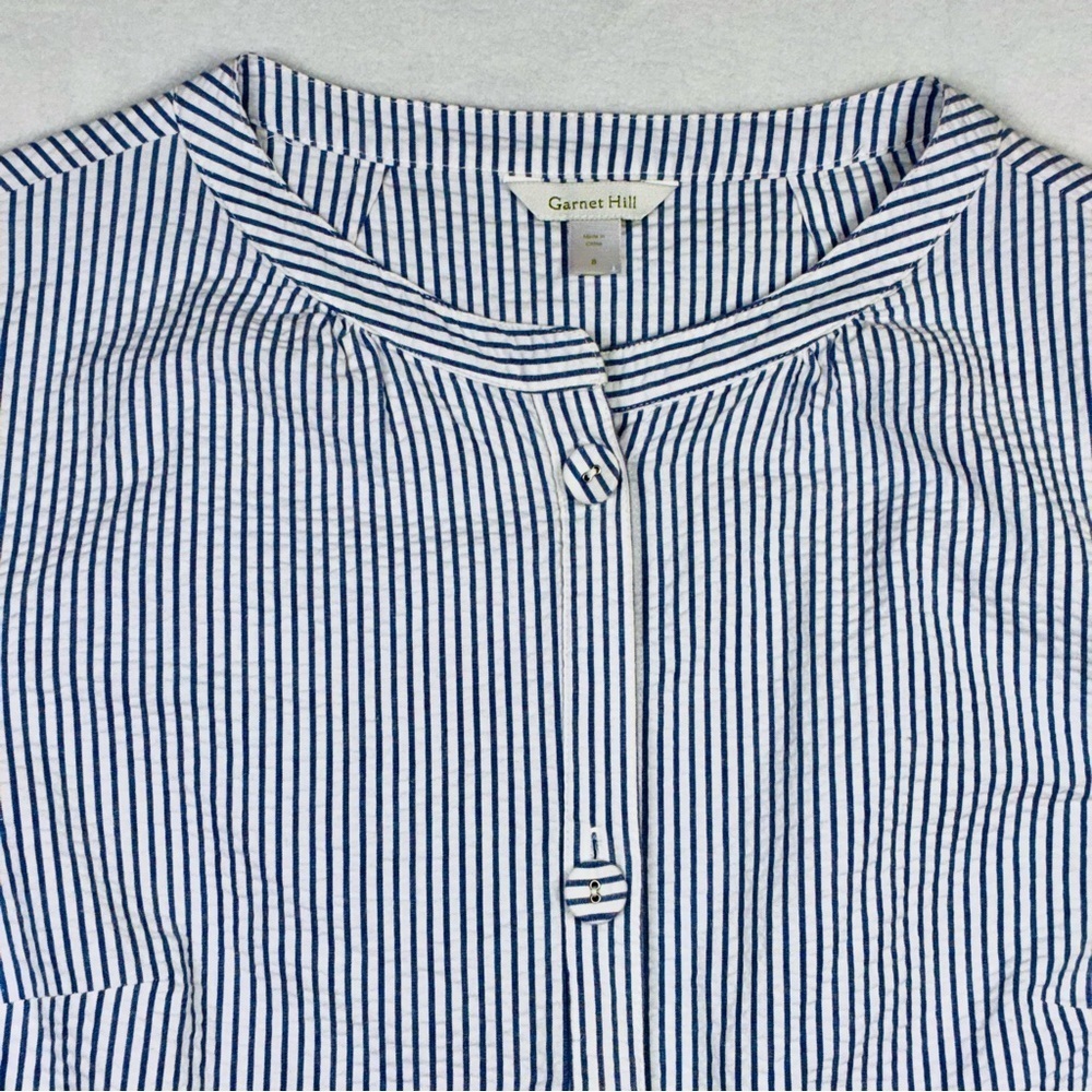 Garnet Hill Womens Blouse Jacket Seersucker Blue White Striped Peplum 8 preppy - Picture 3 of 9